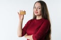 Happy woman hold gold credit card and smiling Royalty Free Stock Photo