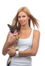 Happy woman hold in hands small Chihuahua dog or puppy Royalty Free Stock Photo