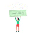 Happy woman holding a bank check for a million dollars