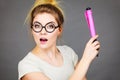 Happy woman holding big oversized pencil Royalty Free Stock Photo