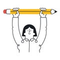 Happy woman holding big pencil. Concept of a writer, creativity, achievement, education, motivation, homework