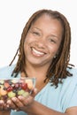 Happy Woman Holding Bowl Of Fruit Salad