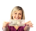 Happy woman holding dollars Royalty Free Stock Photo