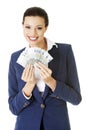 Happy woman holding euro money Royalty Free Stock Photo