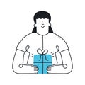 Happy woman holding gift box. Bonus, reward, loyalty program.Outline, linear, thin line, doodle art. Simple style with editable