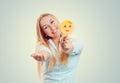 Happy woman holding giving stick with emoji Royalty Free Stock Photo