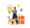 Happy woman holding huge festive cupcake for birthday party. Female character and dog with cake, balloons and gift Royalty Free Stock Photo