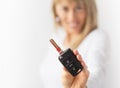 Happy woman holding new car keys Royalty Free Stock Photo