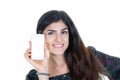 happy woman holding out presenting cellphone in hand with white mockup blank empty screen Royalty Free Stock Photo