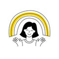 Happy woman holding a rainbow in his hands. Positive vibes, mindfulness, relaxation, meditation, and joy. Thin line