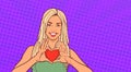 Happy Woman Holding Red Heart Smiling Over Comic Pop Art Background With Copy Space Valentines Day Concept