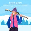 Happy woman holding skis girl winter vacation activity concept fir tree snowy mountain landscape female cartoon