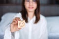 Happy Woman holding smile emotion face block. Customer choose Emoticon for user reviews. Service rating, mental health, positive Royalty Free Stock Photo