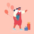 Happy Woman Holding Wrapped Gift Box and Bunch of Balloons Visiting Birthday Event or Baby Shower Party Celebration Royalty Free Stock Photo