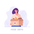 Happy woman holds food box in hands. Food drive donation. Concept of help, social care, volunteering, support for poor people.