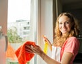 Happy woman housewife washes a window