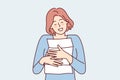 Happy woman hugging and clutches to chest paper letter from boyfriend or family. Vector image Royalty Free Stock Photo