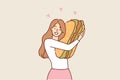 Happy woman hugging giant hamburger missing fast food after long diet to maintain slim figure