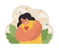 Happy woman hugging herself. Positive character expressing self love Royalty Free Stock Photo