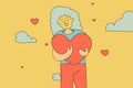 Happy woman hugging herself. Positive lady expressing self love and care. Vector illustration for love yourself, body positive, Royalty Free Stock Photo