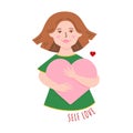 Happy woman hugging red heart isolated on white background. Mother day illustration. Self care concept vector illustration