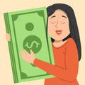Happy woman hugs green banknotes vector illustration Royalty Free Stock Photo