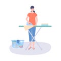 Happy woman irons clothes, flat vector illustration.