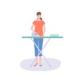Woman irons clothes, flat vector illustration. Cleaning, maid service.