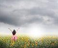 Happy woman jump in sunflower fields and rainclouds Royalty Free Stock Photo