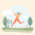 Happy woman jumping in park, sunny day, casual clothes. Joyful female outdoor activity, freedom concept. Happiness and