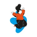 Happy woman jumping with raising hands and closed eyes vector flat illustration