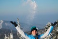 Happy woman jumping at winter mountains, active female enjoying nature, Royalty Free Stock Photo