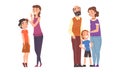 Happy Woman with Kid and Grandparents with Grandson Standing Together Vector Set
