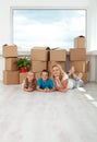 Happy woman and kids in their new home Royalty Free Stock Photo