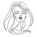 Happy Woman Kissing One Line Art Portrait. Joyful Female Facial Expression. Hand Drawn Linear Woman Silhouette