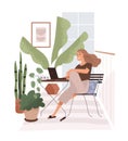 Happy woman with laptop on balcony. Freelance worker sitting at computer on terrace. Freelancer during remote work in