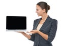 Happy woman, laptop screen and presentation for business advertising on a white studio background. Young female person Royalty Free Stock Photo