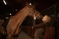 Happy woman laughing while horse kissing her in stable of riding club Royalty Free Stock Photo