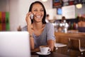 Happy woman, laughing and phone call with coffee at cafe for funny joke, conversation or communication. Female person Royalty Free Stock Photo