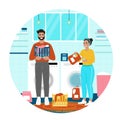 Happy woman laundry. Man helps the woman to wash. Vector illustration in flat cartoon style