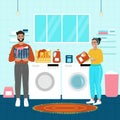 Happy woman laundry. Man helps the woman to wash. Vector illustration in flat cartoon style