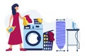 Happy woman laundry room. Washing in the washing machine. Vector illustration.