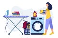 Happy woman laundry room. Washing in the washing machine. Vector illustration.