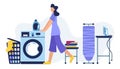 Happy woman laundry room. Washing in the washing machine. Vector illustration.