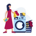 Happy woman laundry room. Washing in the washing machine. Vector illustration.