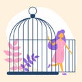 Happy woman leave the cage. Metaphor of freedom and escape