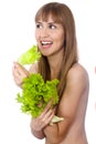 Happy woman with lettuce over white Royalty Free Stock Photo