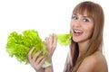 Happy woman with lettuce over white Royalty Free Stock Photo