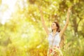 Happy Woman Life Style, Smiling Girl Raised Open Arms, Outdoor Royalty Free Stock Photo