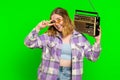 Happy woman listen music on retro tape record player, disco dancing, fan of vintage technologies Royalty Free Stock Photo